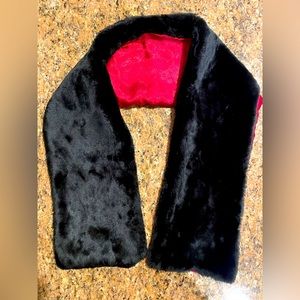 Hand Sewn Red Satin Lined Black Faux Fur Collar Wrap